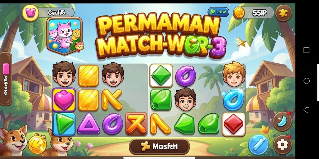 Screenshot gameplay 55RP menampilkan permata berwarna-warni yang sedang dicocokkan.