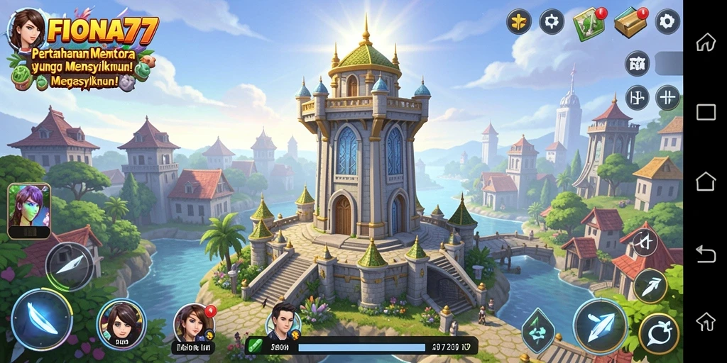 Tangkapan layar gameplay FIONA77 menunjukkan pertempuran menara yang seru.