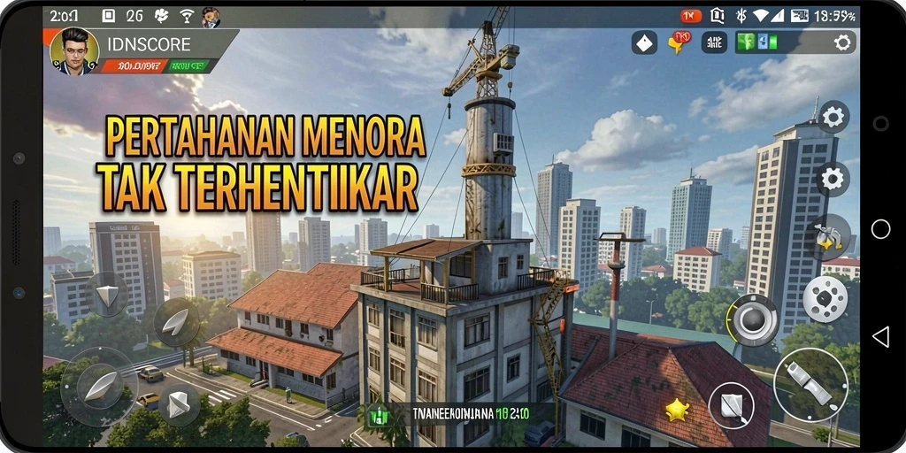 Screenshot gameplay menara pertahanan dengan banyak aksi.