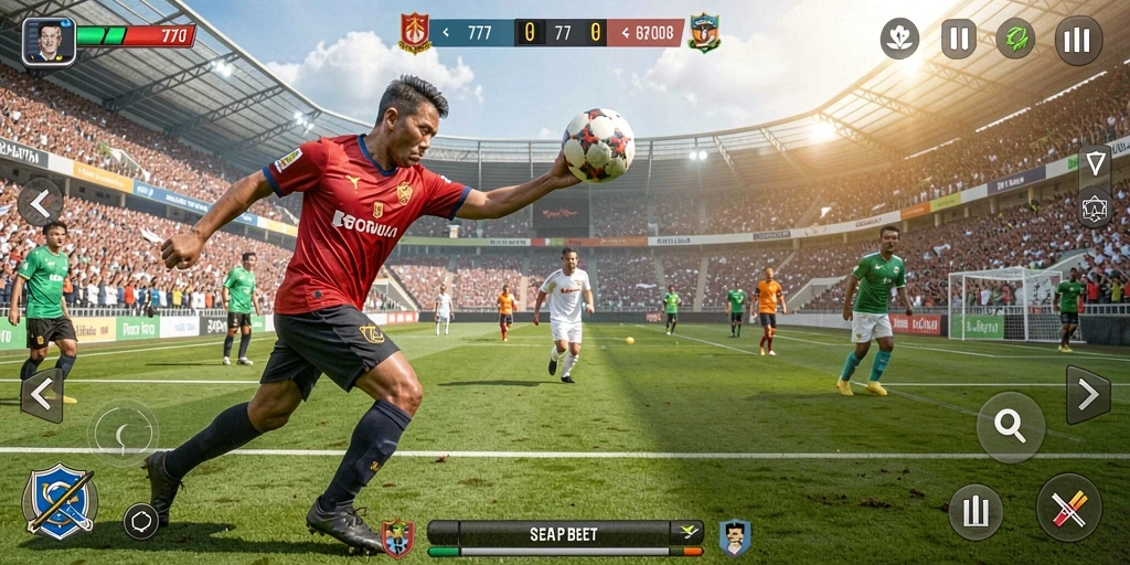 Tampilan gameplay L777 saat pertandingan sepak bola berlangsung.