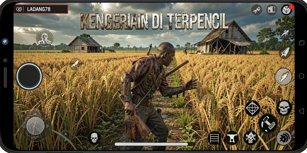 Tampilan gameplay yang menegangkan di LADANG78 dengan suasana horror mendalam.