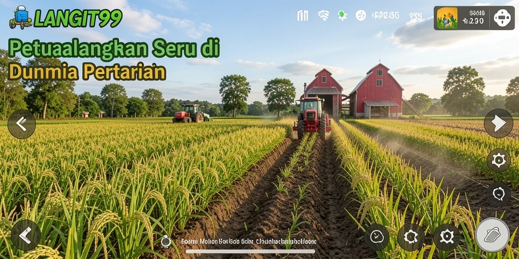 Tangkapan layar menunjukkan gameplay seru dalam LANGIT99 dengan kebun yang hijau dan hewan ternak yang lucu.