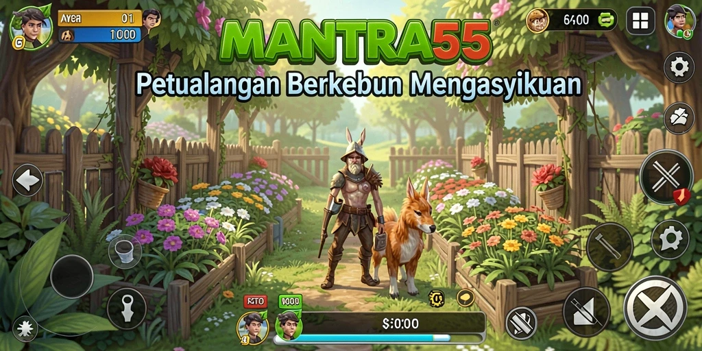 Gameplay <strong>MANTRA55</strong> yang menampilkan aktivitas berkebun seru dan interaktif.