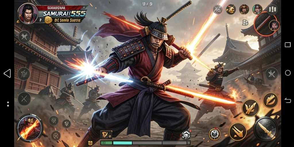 Screenshot utama SAMURAI555 menampilkan aksi pertarungan epik.